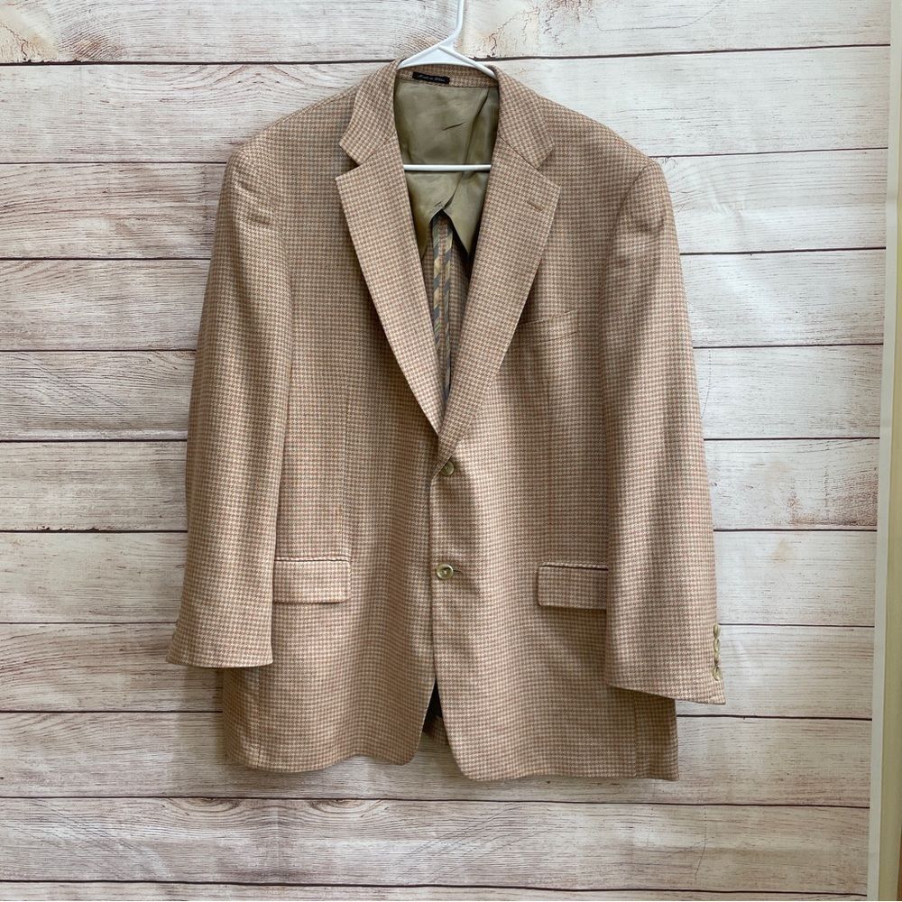 VINTAGE IBIZA CORRIDA 100% SILK BLAZER IN CORAL‎ OATMEAL HOUNDSTOOTH